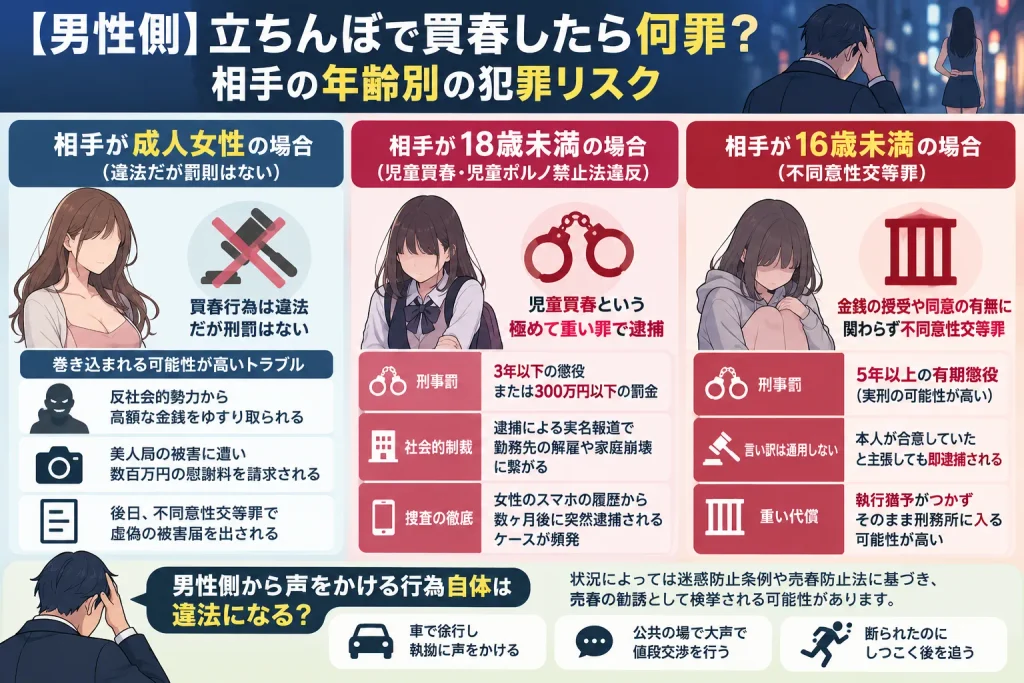 【男性側】立ちんぼで買春したら何罪?相手の年齢別の犯罪リスク