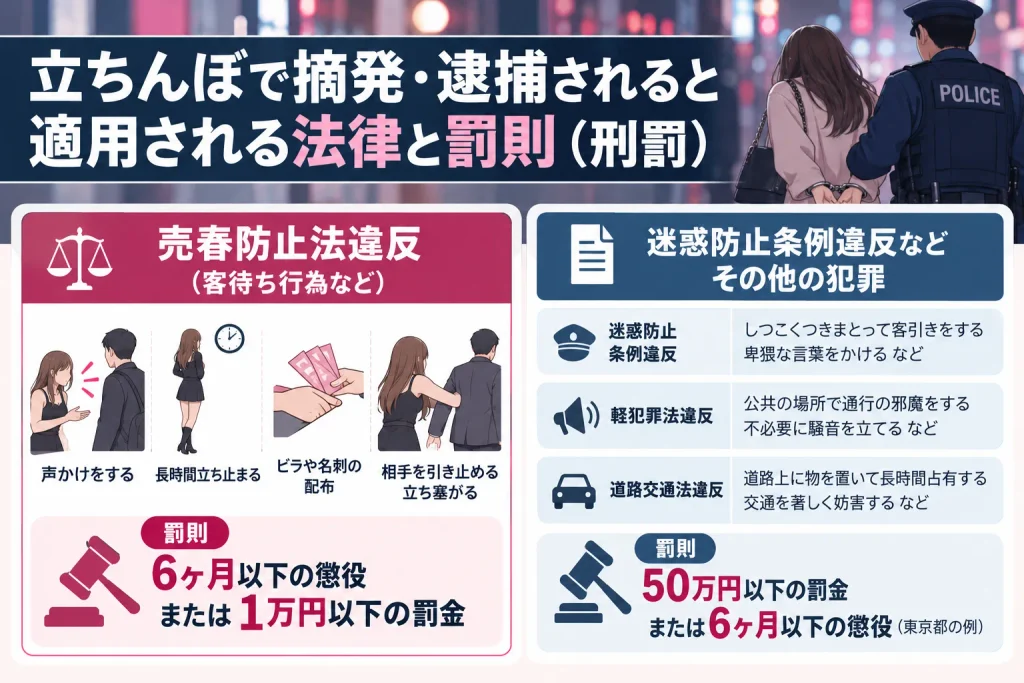 立ちんぼで摘発・逮捕されると適用される法律と罰則(刑罰)